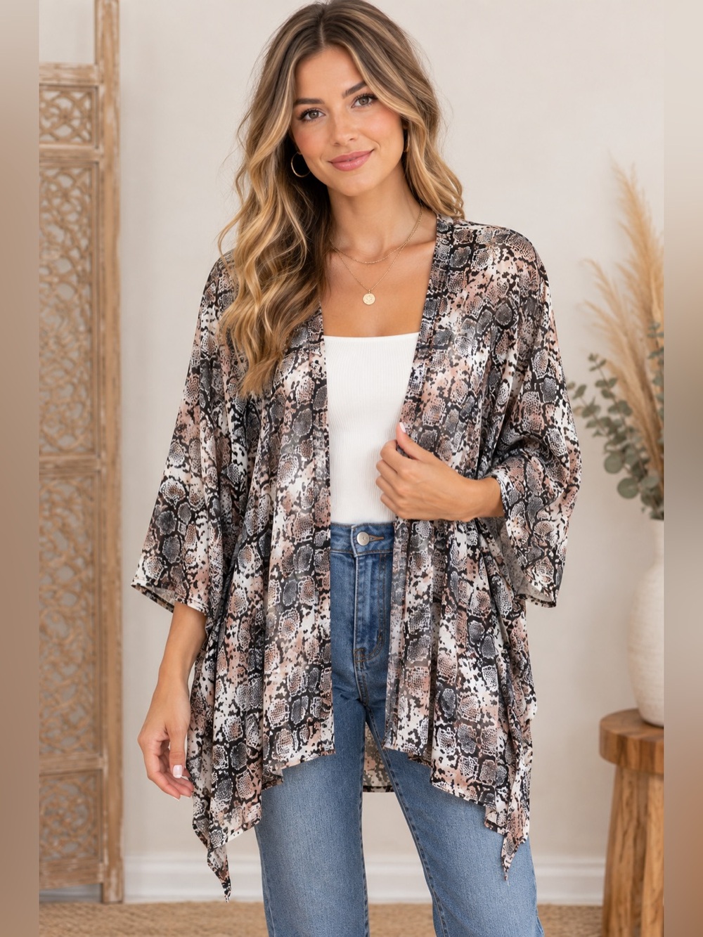 Willow & Root Snake-Print Swim Kimono - Black, Gray & Cream